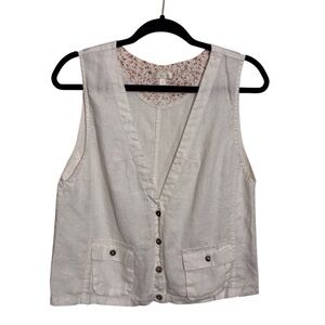 Kleen Size Small White Linen Lagenlook V-Neck Button Up Sleeveless Blouse Top